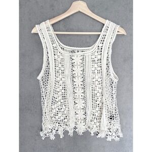 Sacred Threads Women Cream Crochet Floral Boho Tank Top Sleeveless Cotton Fringe